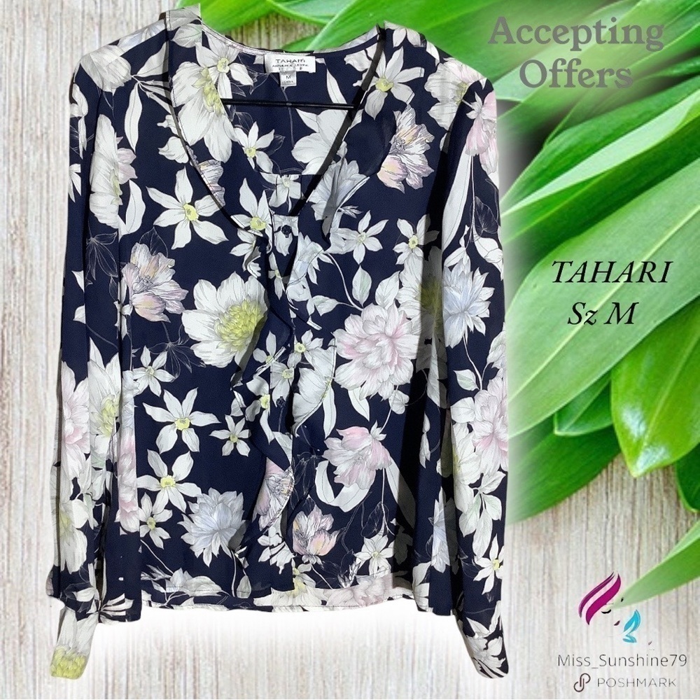 TAHARI - Sz M - floral navy button down shirt with ruffle button front